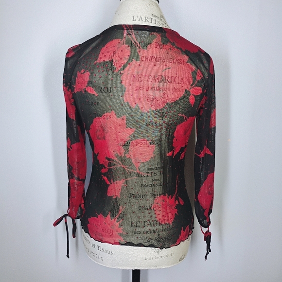 Vintage A Byer Y2K Sheer Floral Top Black Red Glitter Whimsigoth Size Medium - Picture 4 of 9